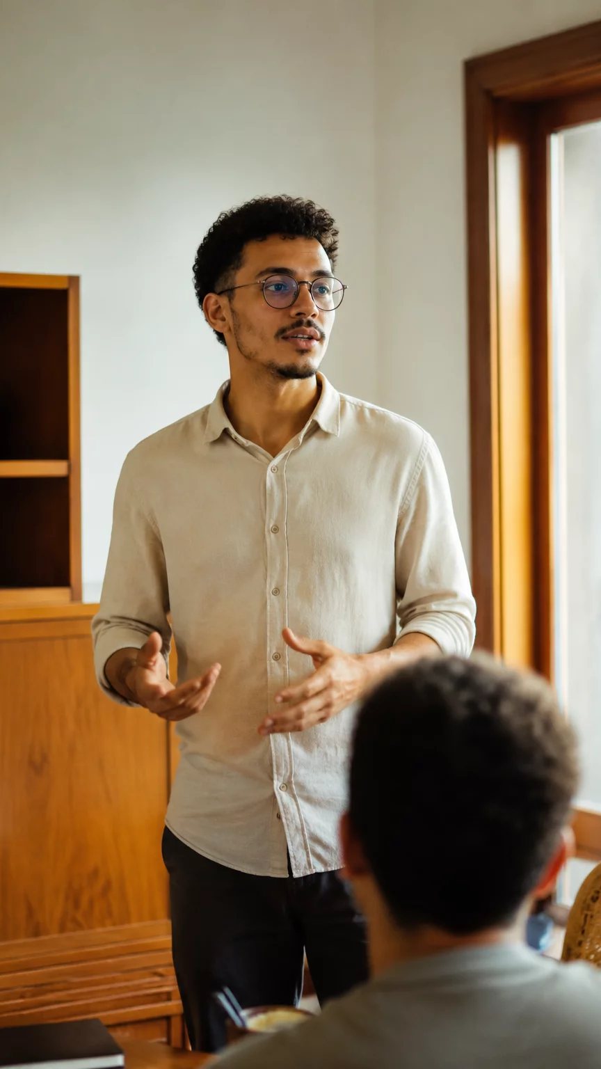 Participante falando de frente para o grupo em volta da mesa, os demais acompanhando a fala
