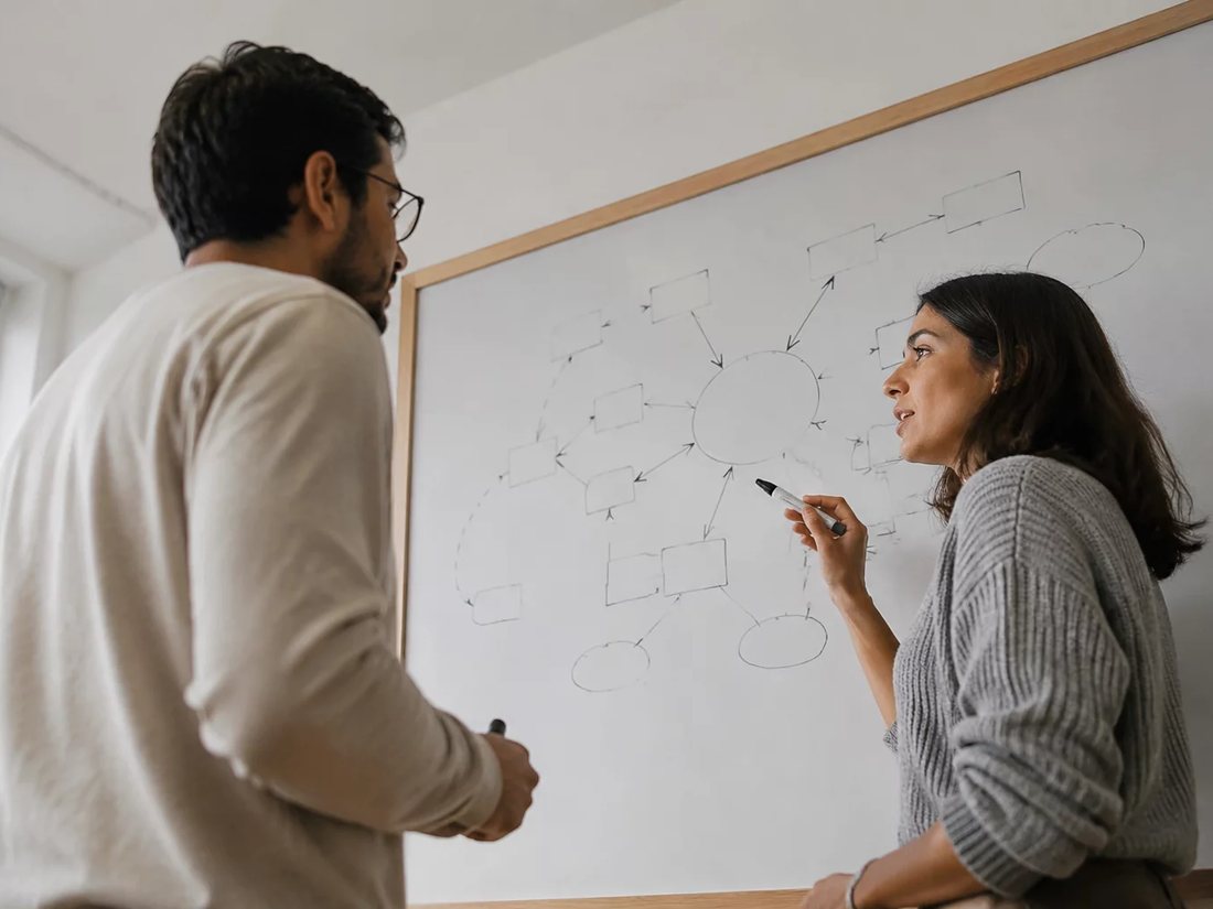 Duas pessoas diante do quadro branco com o desenho de um argumento aberto em partes